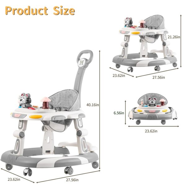 5-in-1 Adjustable Baby Walker – Foldable Activity Center with Music & Toy Tray, Grey - Image 4