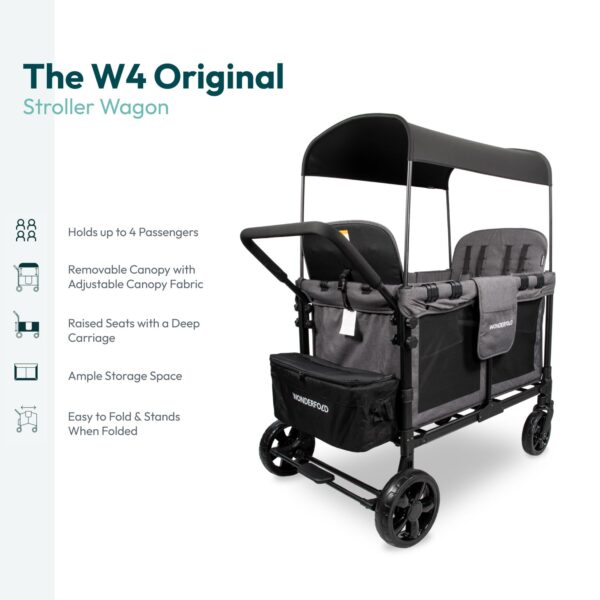 WONDERFOLD W4 Original Stroller Wagon – 4-Seater, Collapsible with 5-Point Harnesses, Zipper Door, Sun Canopy, Gray - Image 2