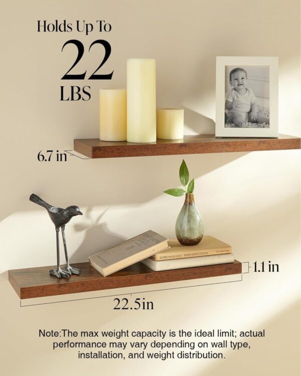 BAYKA 22.5" Rustic Floating Shelves – Wall Mounted Wood Shelves (Set of 2) - Image 2