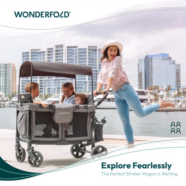 WONDERFOLD W4 Original Stroller Wagon – 4-Seater, Collapsible with 5-Point Harnesses, Zipper Door, Sun Canopy, Gray - Image 5