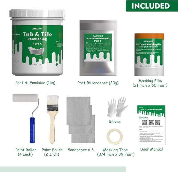 NADAMOO Tub and Tile Refinishing Kit – DIY Bathtub, Sink & Countertop Paint, Semi-Gloss White - Image 3