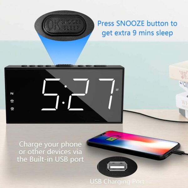 Alarm Clock with USB Charging – Loud LED Display, Adjustable Volume & Snooze, Ideal for Bedroom, Office & Deep Sleepers - Image 2