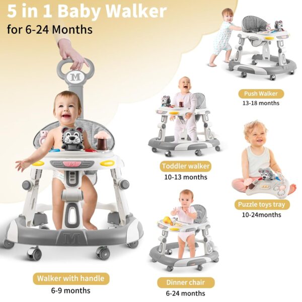 5-in-1 Adjustable Baby Walker – Foldable Activity Center with Music & Toy Tray, Grey - Image 2