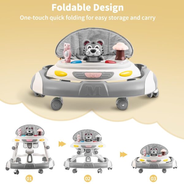 5-in-1 Adjustable Baby Walker – Foldable Activity Center with Music & Toy Tray, Grey - Image 3