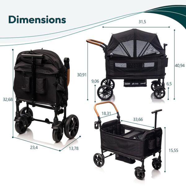 Wagon Stroller for 2 Kids – Push-Pull Double Stroller, Lightweight, Folding with 5-Point Harness, Adjustable Handle, Canopy & Tray Table - Image 3