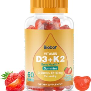 Vitamin D3 K2 Gummies – Bone & Immune Support, 2000 IU D3 & 100 mcg K2, Strawberry, 60 Count