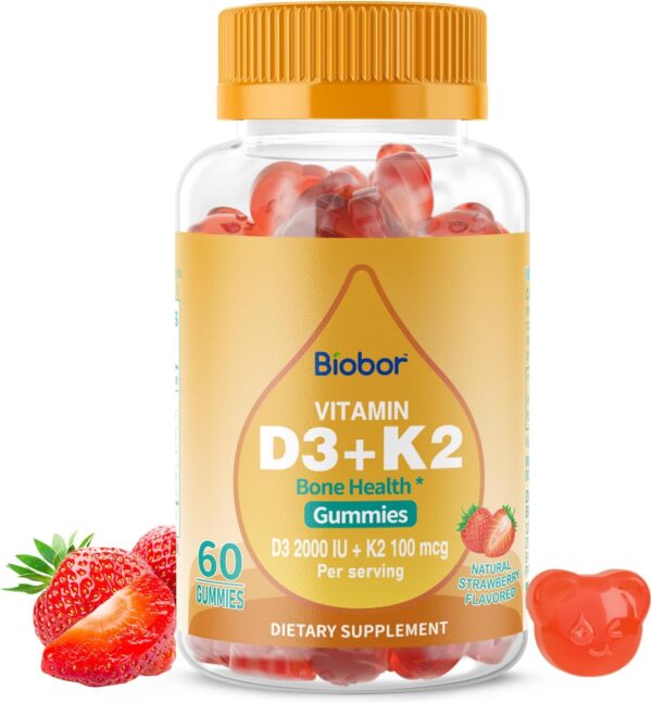 Vitamin D3 K2 Gummies – Bone & Immune Support, 2000 IU D3 & 100 mcg K2, Strawberry, 60 Count