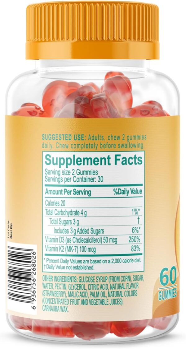 Vitamin D3 K2 Gummies – Bone & Immune Support, 2000 IU D3 & 100 mcg K2, Strawberry, 60 Count - Image 2