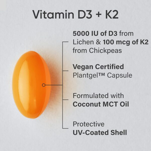 Sports Research Vitamin D3 + K2 – 5000 IU, Vegan, with Coconut Oil, 60 Softgels - Image 3