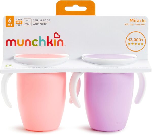 Munchkin Miracle 360 Trainer Sippy Cup – Spill-Proof, 7oz, 2-Pack, Pink/Purple - Image 4