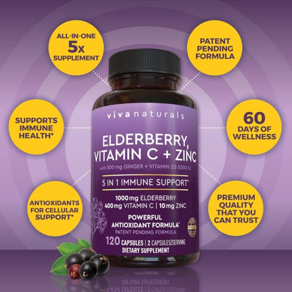 Viva Naturals 5-in-1 Elderberry Immune Support – with Vitamin C, D3 & Zinc - Image 2