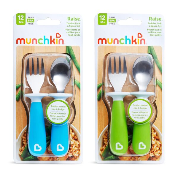 Munchkin Raise Toddler Fork & Spoon Set – BPA-Free, Tip-Off Table Design, 4-Pack, Blue/Green - Image 3