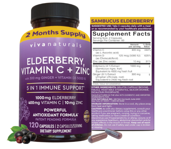 Viva Naturals 5-in-1 Elderberry Immune Support – with Vitamin C, D3 & Zinc