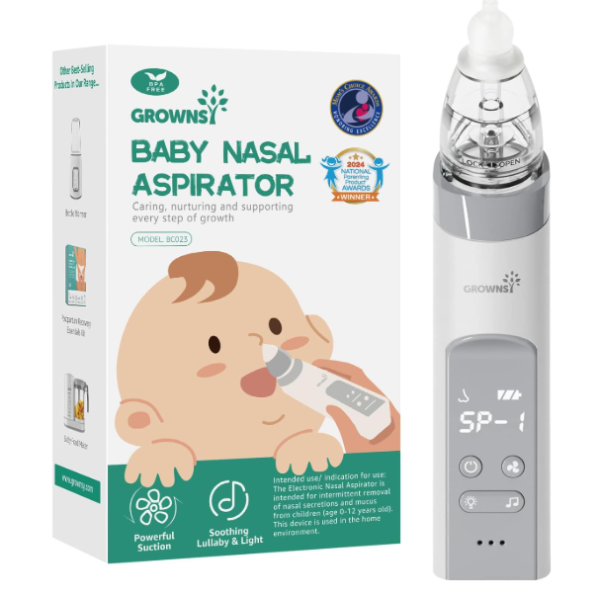 GROWNSY Electric Nasal Aspirator – Baby Nose Sucker with 3 Soft Tips, Adjustable Suction, Soothing Music & Light