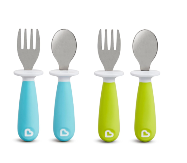 Munchkin Raise Toddler Fork & Spoon Set – BPA-Free, Tip-Off Table Design, 4-Pack, Blue/Green