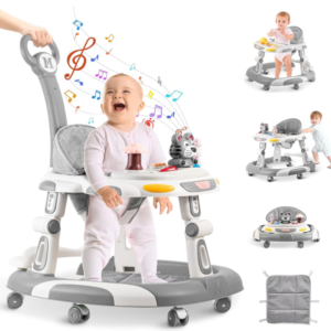 5-in-1 Adjustable Baby Walker – Foldable Activity Center with Music & Toy Tray, Grey