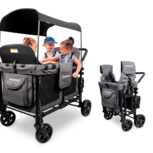 WONDERFOLD W4 Original Stroller Wagon – 4-Seater, Collapsible with 5-Point Harnesses, Zipper Door, Sun Canopy, Gray