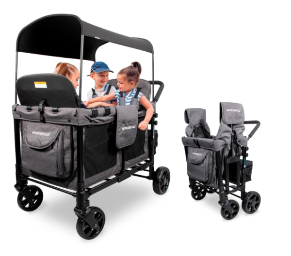 WONDERFOLD W4 Original Stroller Wagon – 4-Seater, Collapsible with 5-Point Harnesses, Zipper Door, Sun Canopy, Gray