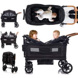 Wagon Stroller for 2 Kids – Push-Pull Double Stroller, Lightweight, Folding with 5-Point Harness, Adjustable Handle, Canopy & Tray Table